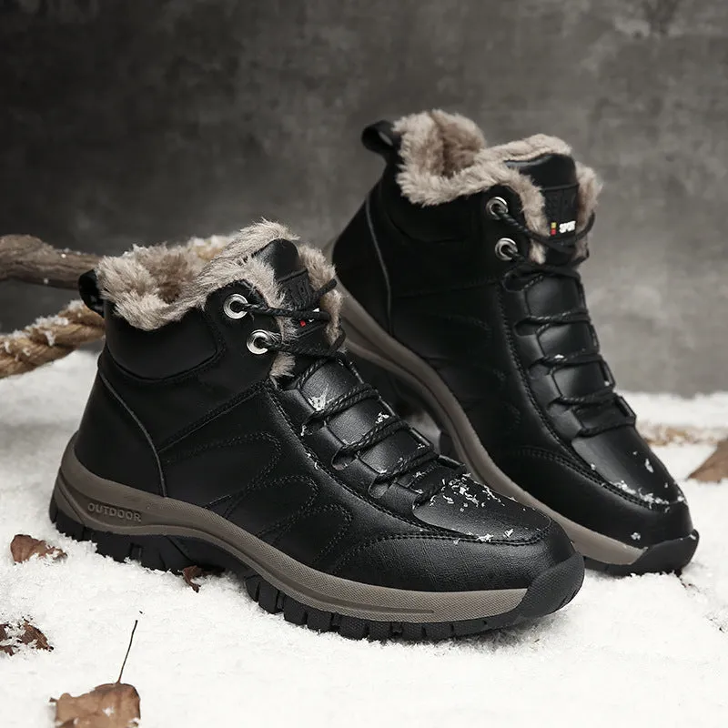 Men's winter boots with plush lining, black, lace-up style, artificial PU upper with cowhide finish, rubber sole