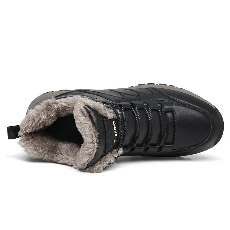 Men's winter boots with plush lining, black, lace-up style, artificial PU upper with cowhide finish, rubber sole
