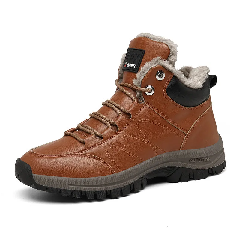 Men's winter boots with plush lining, black, lace-up style, artificial PU upper with cowhide finish, rubber sole