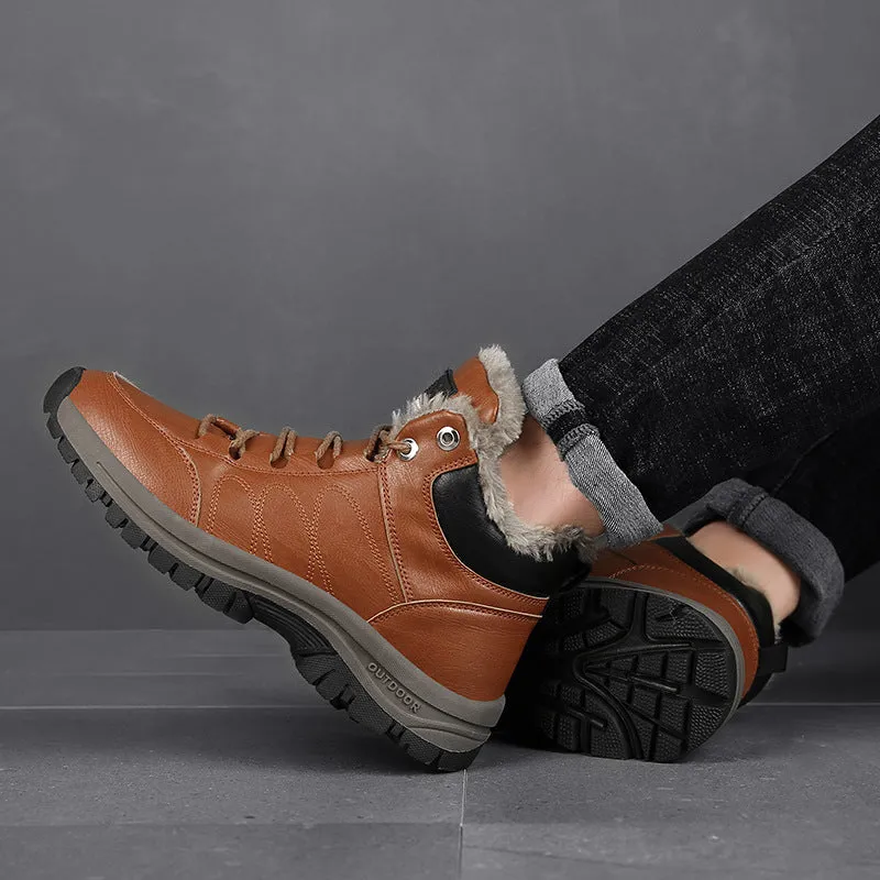 Men's winter boots with plush lining, black, lace-up style, artificial PU upper with cowhide finish, rubber sole