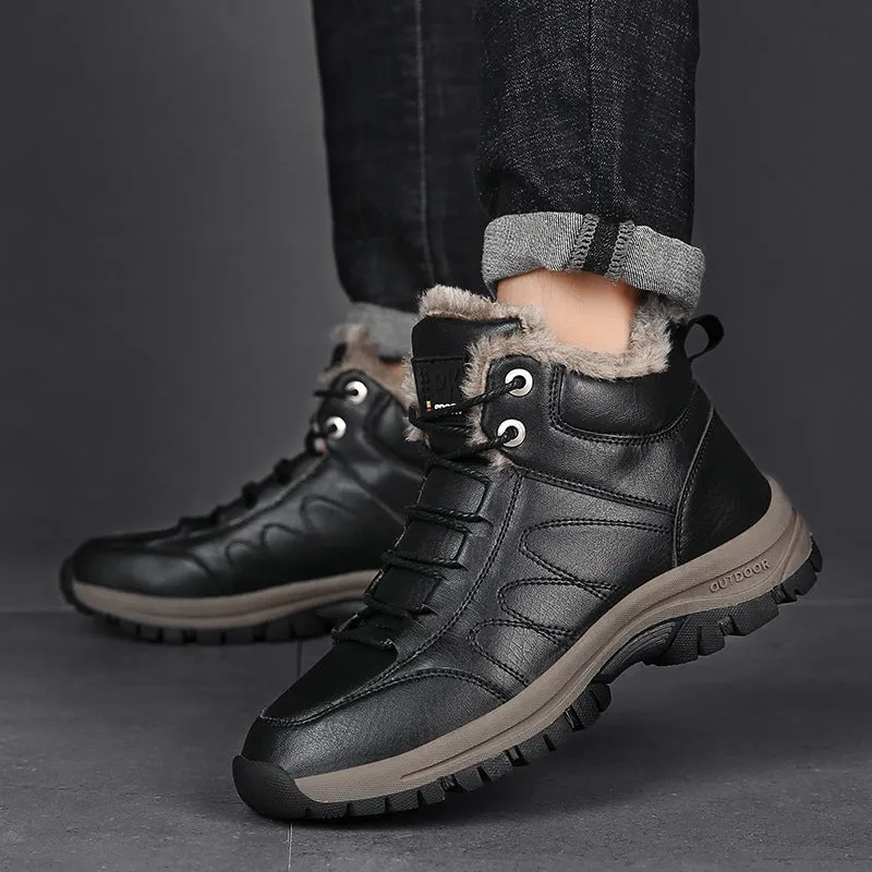 Men's winter boots with plush lining, black, lace-up style, artificial PU upper with cowhide finish, rubber sole