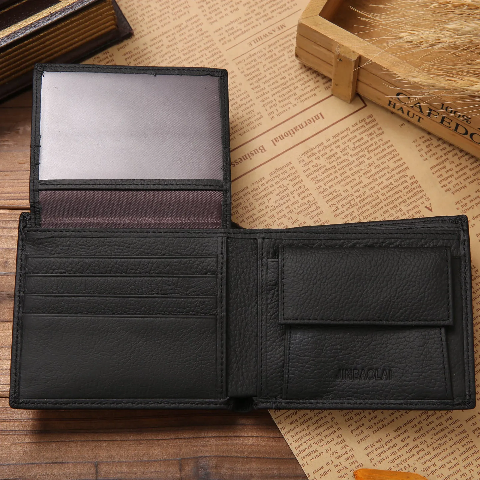 Men's black first-layer cowhide leather bifold wallet with stitching and coin purse measuring 11.5cm by 9.5cm