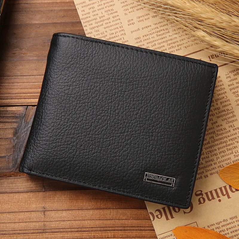 Men's black first-layer cowhide leather bifold wallet with stitching and coin purse measuring 11.5cm by 9.5cm