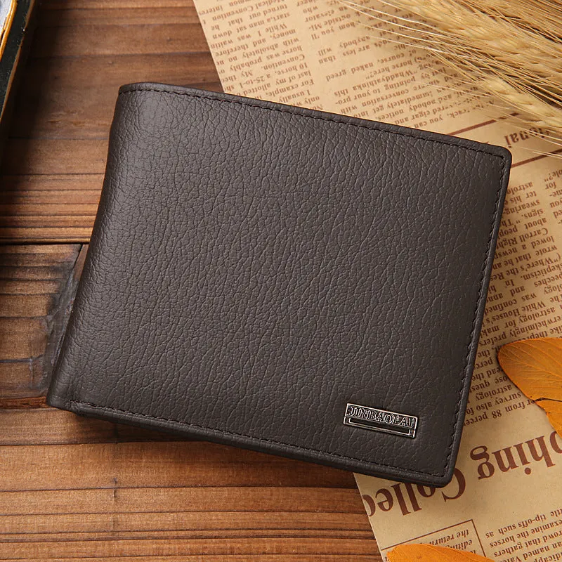 Men's black first-layer cowhide leather bifold wallet with stitching and coin purse measuring 11.5cm by 9.5cm