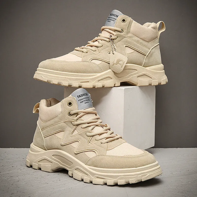 Men's thick sole high-top Martin boots in beige, side view showing lace-up and round toe