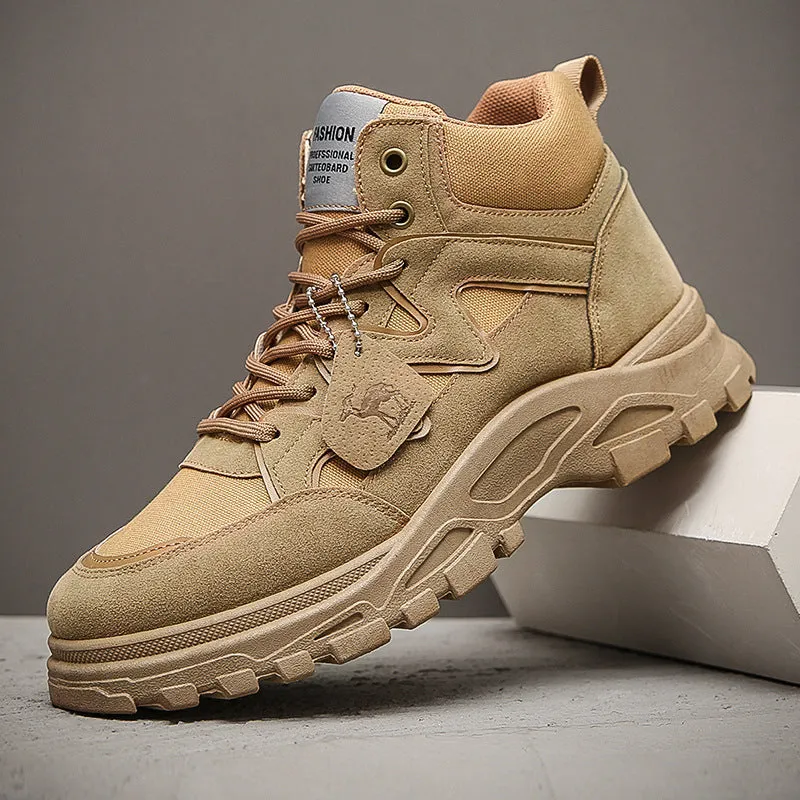 Men's thick sole high-top Martin boots in beige, side view showing lace-up and round toe