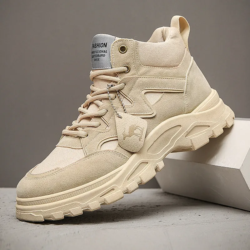 Men's thick sole high-top Martin boots in beige, side view showing lace-up and round toe