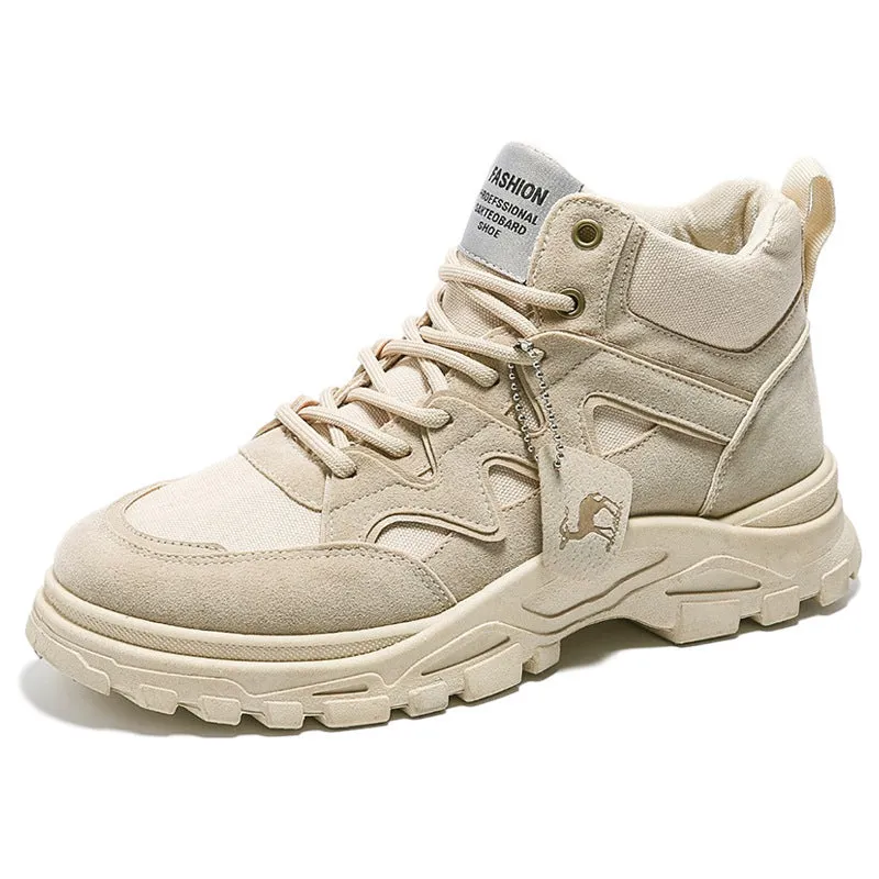 Men's thick sole high-top Martin boots in beige, side view showing lace-up and round toe