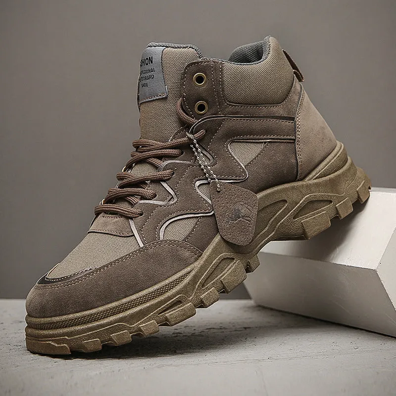 Men's thick sole high-top Martin boots in beige, side view showing lace-up and round toe