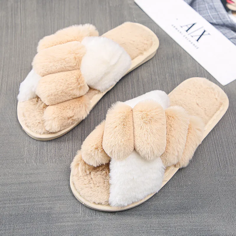 Women's furry open toe slippers with plush upper and TPR sole in green