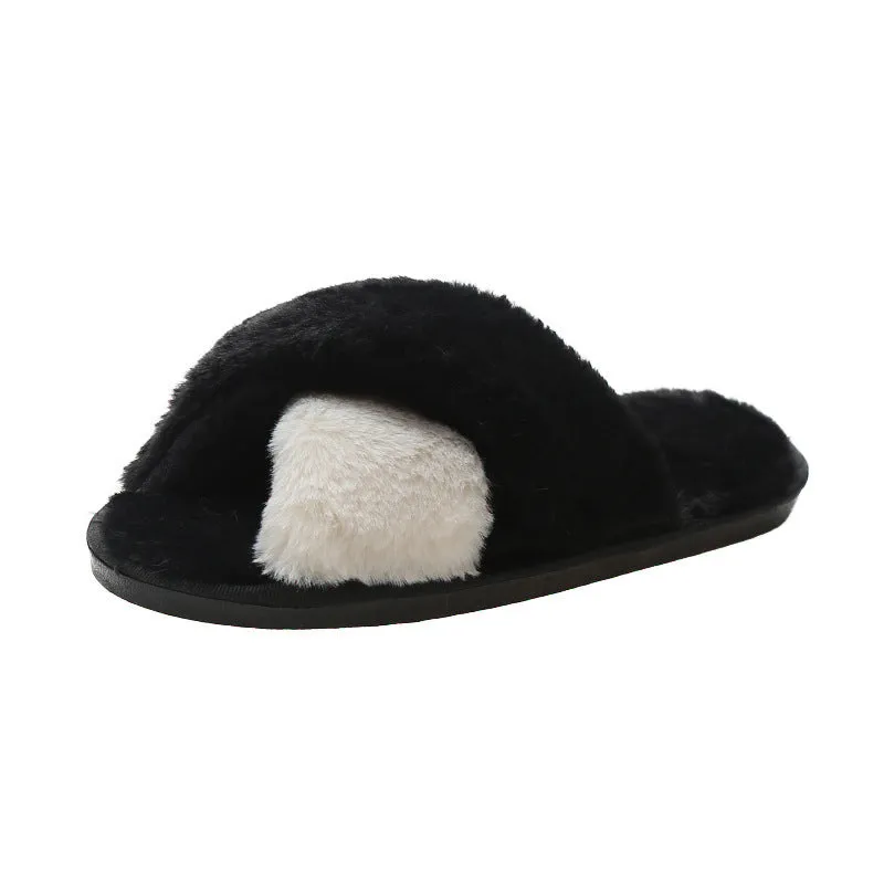 Women's furry open toe slippers with plush upper and TPR sole in green
