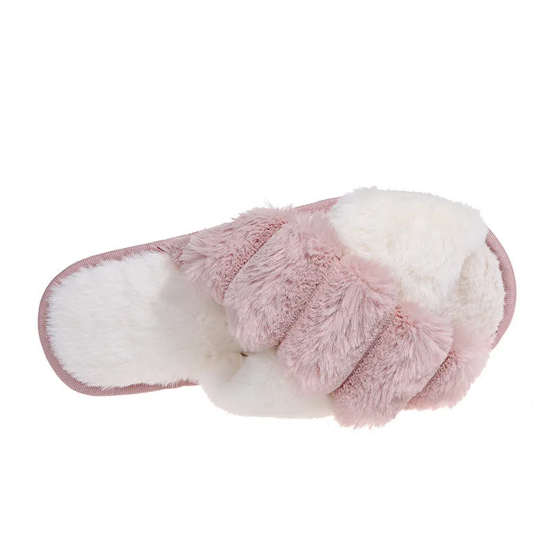 Women's furry open toe slippers with plush upper and TPR sole in green