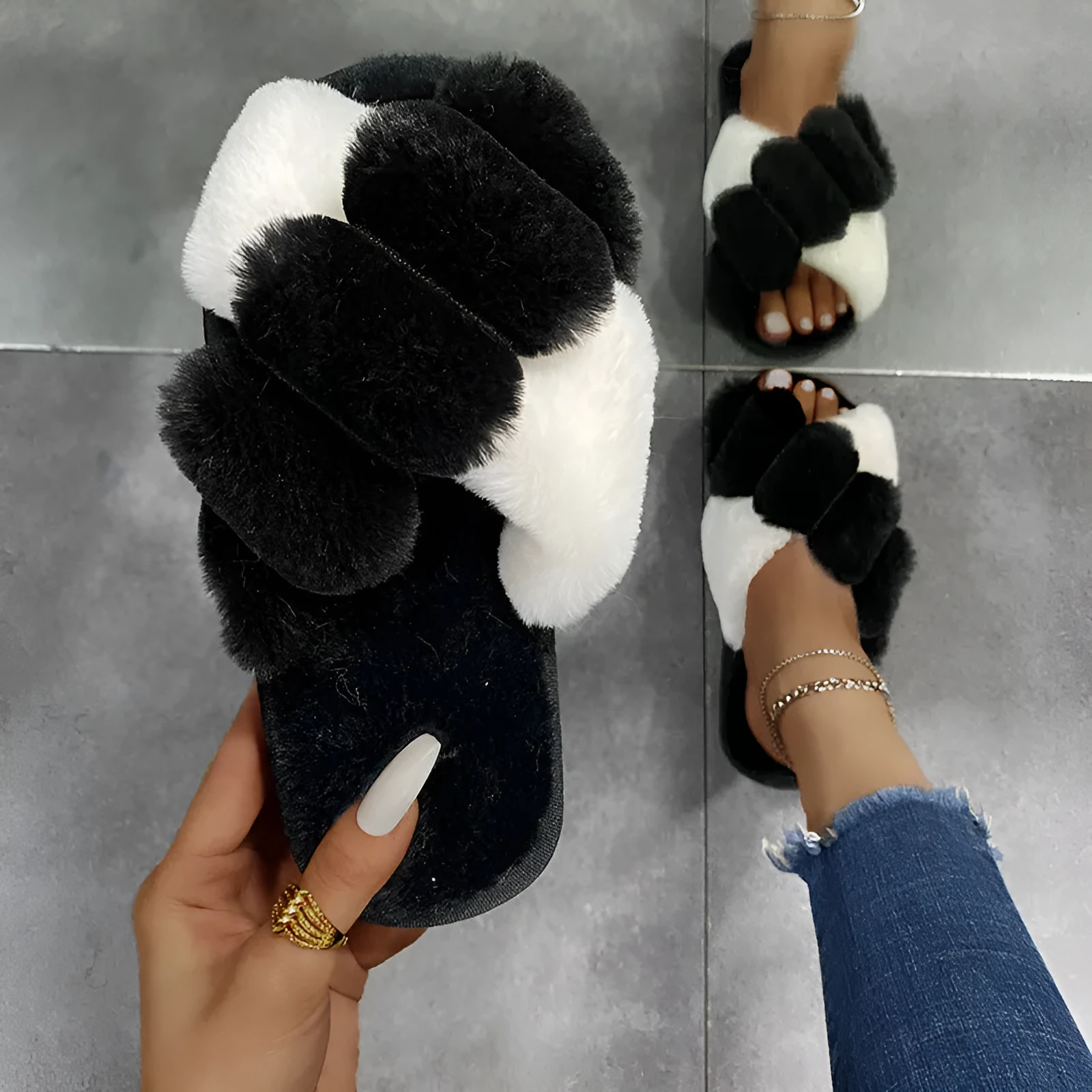 Women's furry open toe slippers with plush upper and TPR sole in green