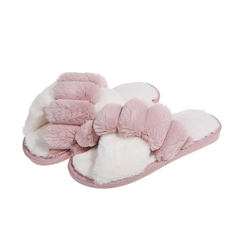 Women's furry open toe slippers with plush upper and TPR sole in green