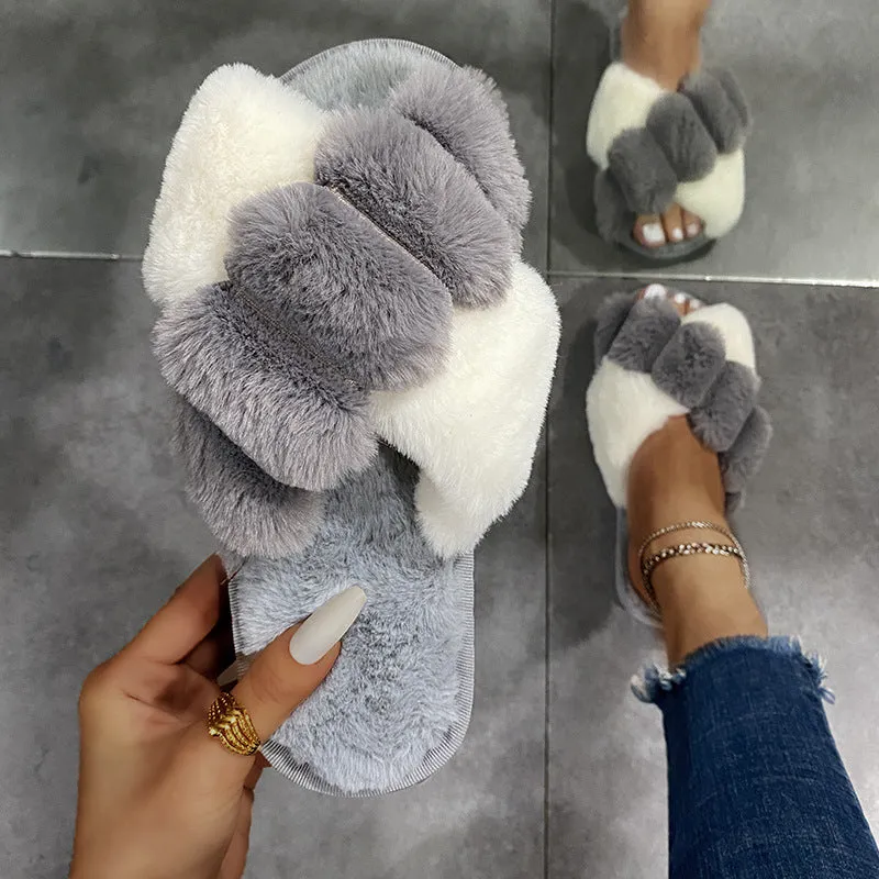 Women's furry open toe slippers with plush upper and TPR sole in green