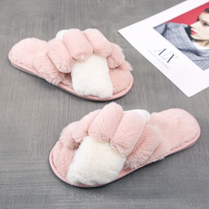 Women's furry open toe slippers with plush upper and TPR sole in green
