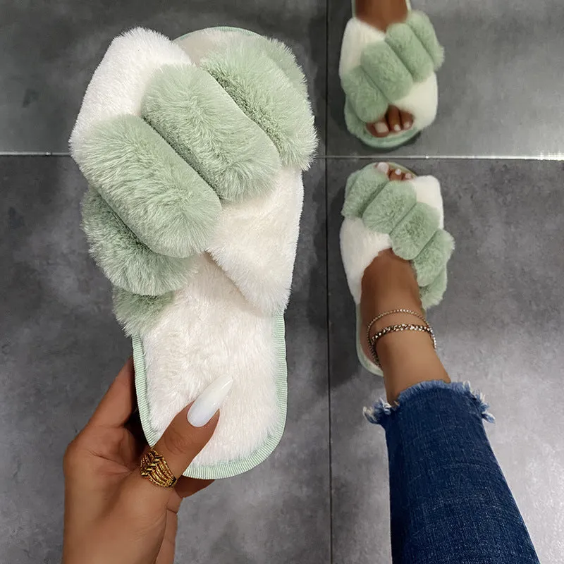 Women's furry open toe slippers with plush upper and TPR sole in green