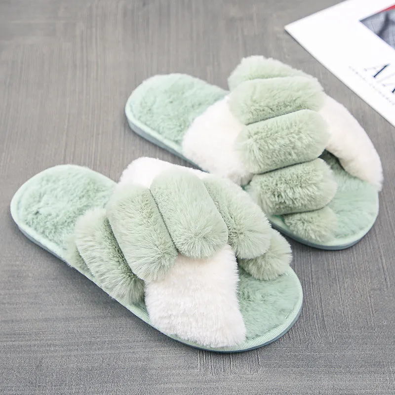 Women's furry open toe slippers with plush upper and TPR sole in green