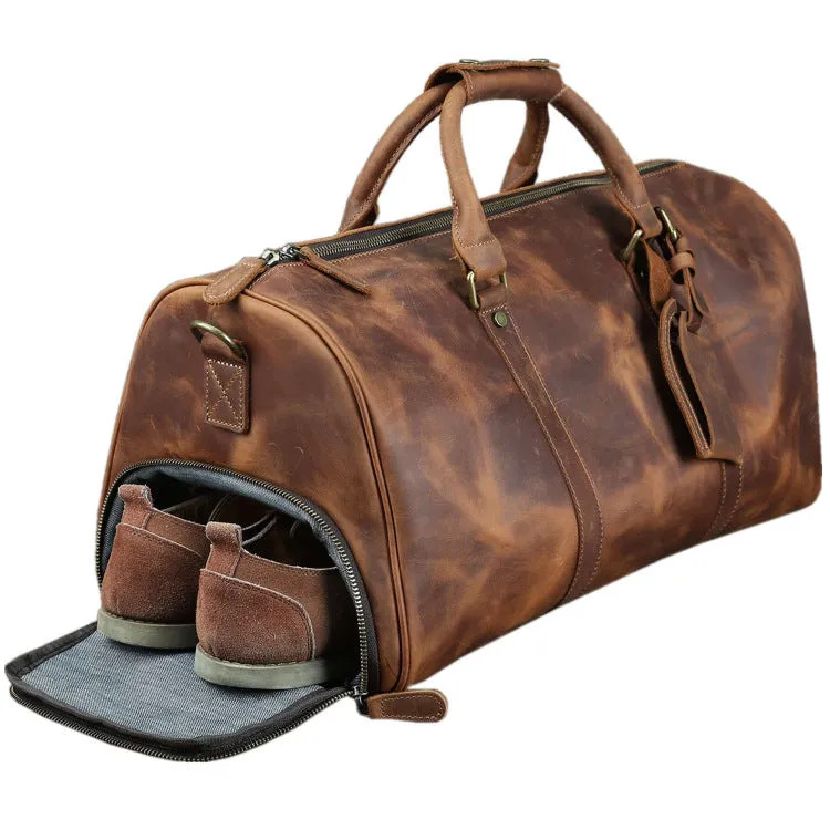 Horse leather men's travel bag in brown crazy horse cowhide finish, 50cm long