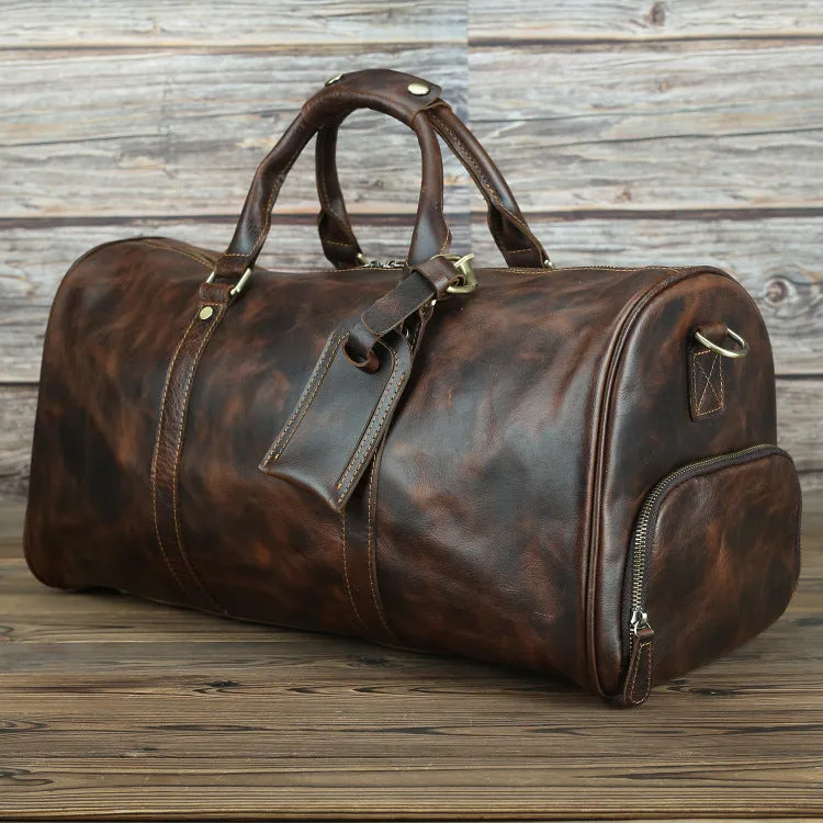 Horse leather men's travel bag in brown crazy horse cowhide finish, 50cm long