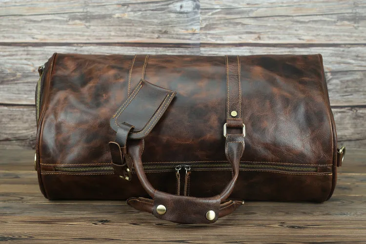 Horse leather men's travel bag in brown crazy horse cowhide finish, 50cm long