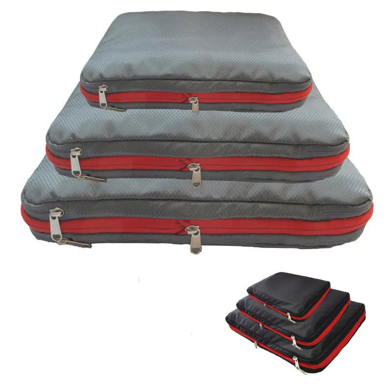 Waterproof nylon travel compression storage bag in cube shape, available in green, blue, black, and grey
