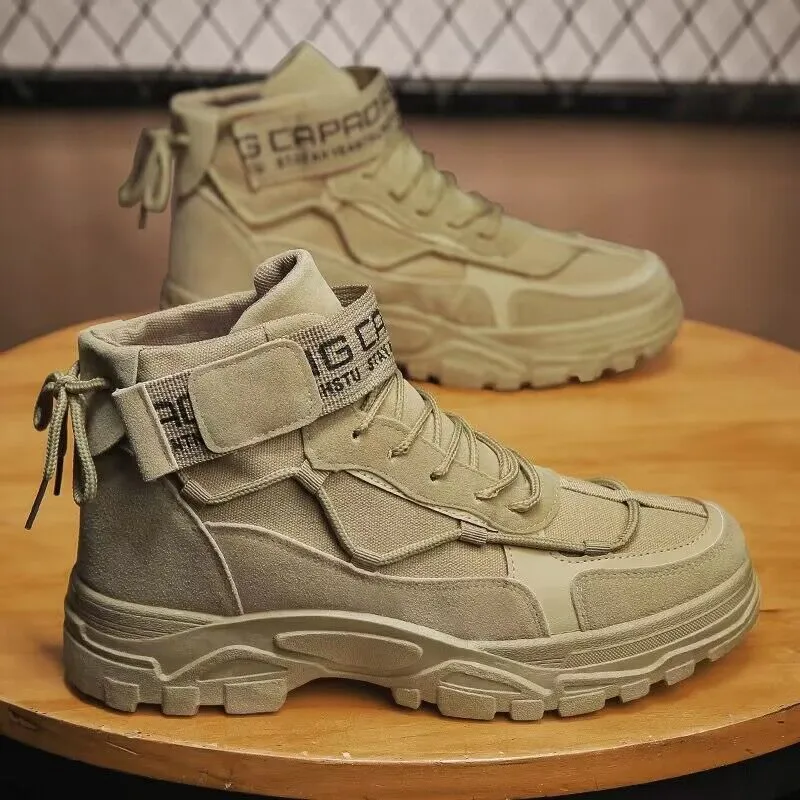 Men's high-top platform boots in grey, artificial PU leather, mid heel 3-5cm