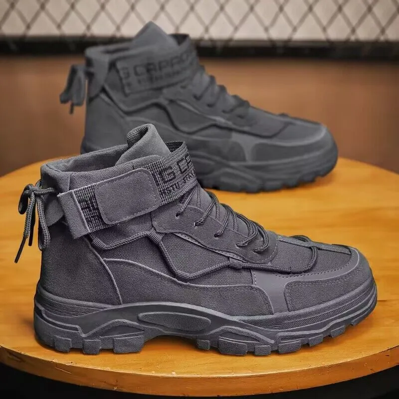 Men's high-top platform boots in grey, artificial PU leather, mid heel 3-5cm