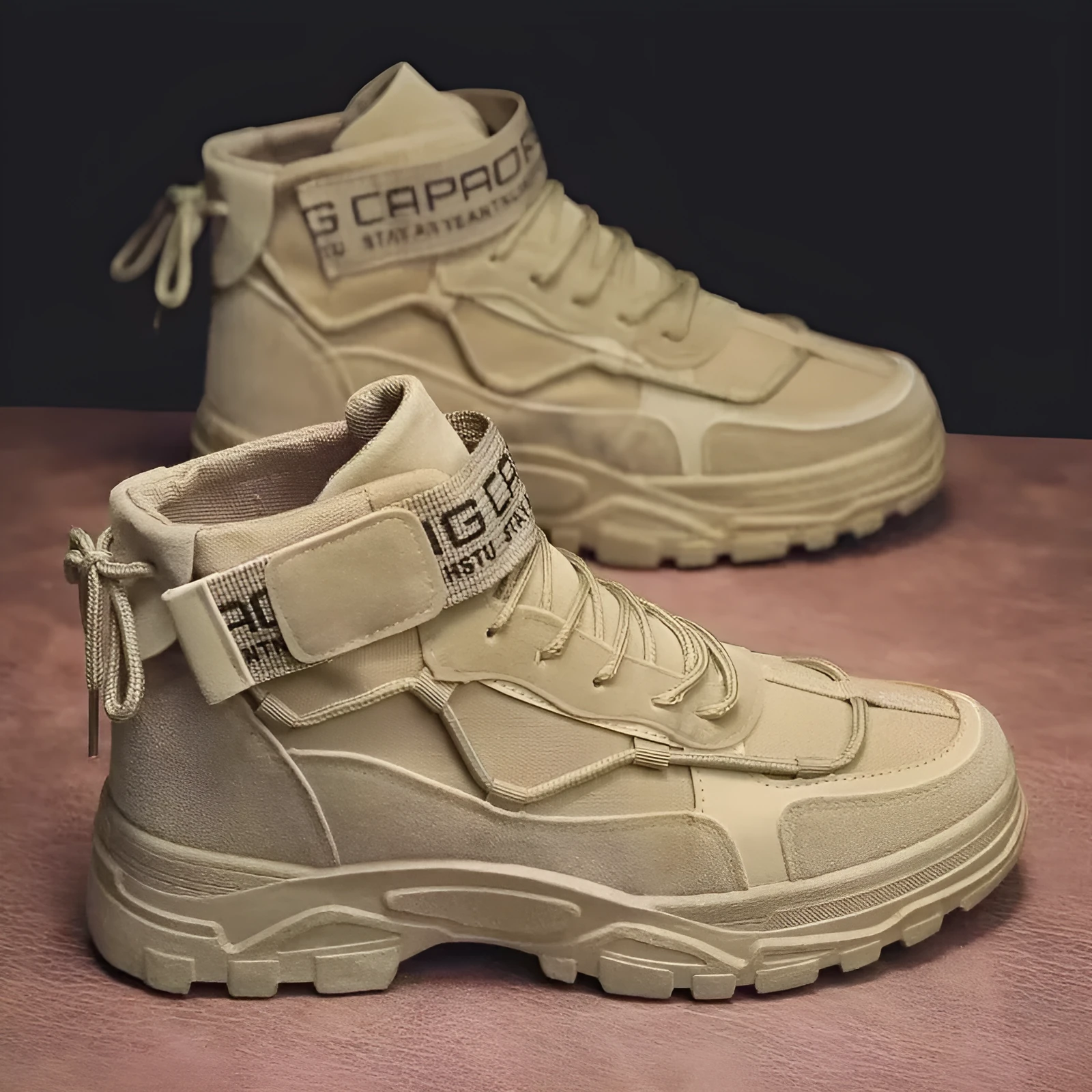 Men's high-top platform boots in grey, artificial PU leather, mid heel 3-5cm