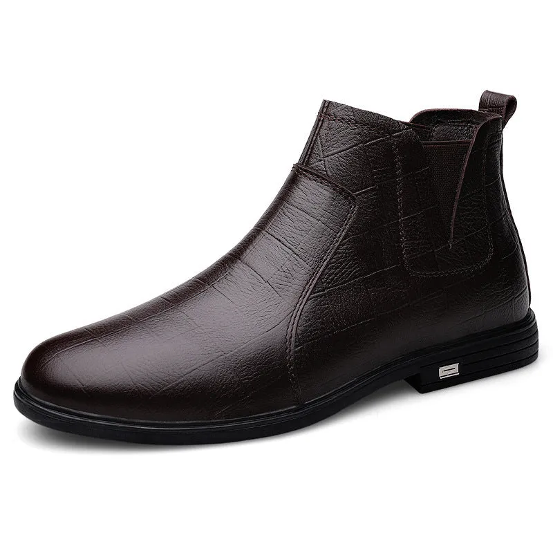 Men's casual leather boot black fleece lined first layer cowhide low heel winter