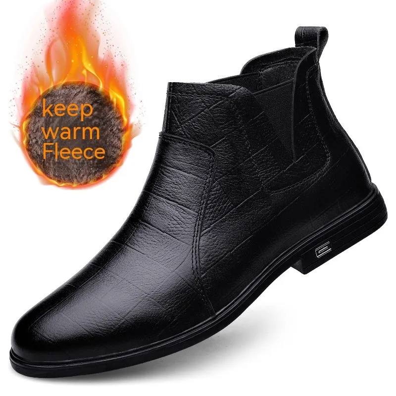 Men's casual leather boot black fleece lined first layer cowhide low heel winter