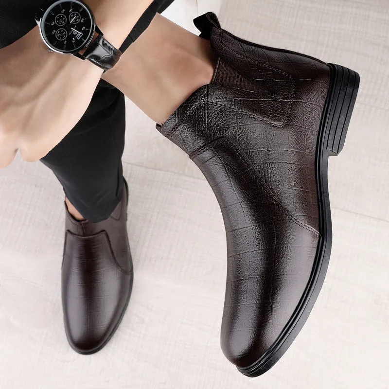 Men's casual leather boot black fleece lined first layer cowhide low heel winter