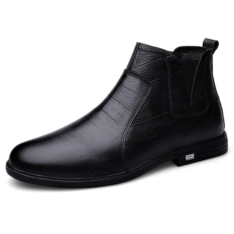 Men's casual leather boot black fleece lined first layer cowhide low heel winter