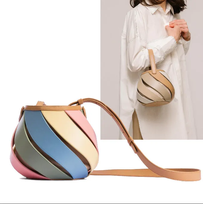 Cylindrical contrast stitching PU bucket bag in beige with diamond quilting and double shoulder strap