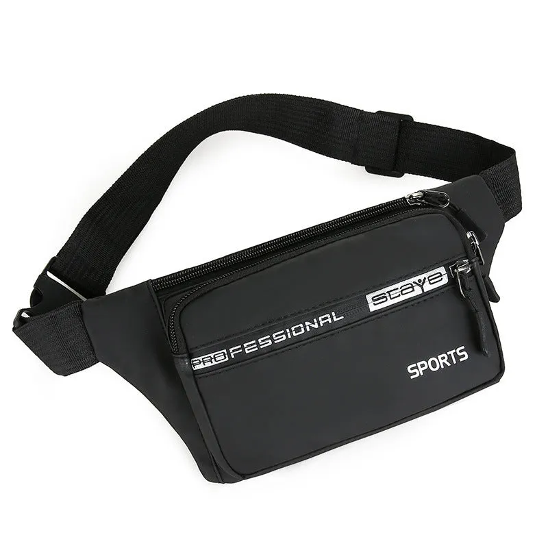 Men's high capacity sports shoulder bag in blue oxford cloth with zipper closure and mobile phone pocket