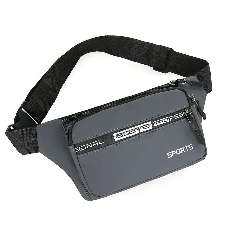 Men's high capacity sports shoulder bag in blue oxford cloth with zipper closure and mobile phone pocket