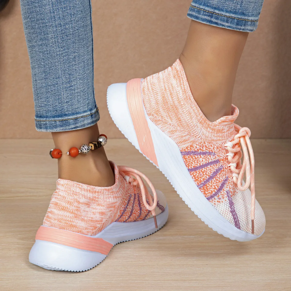 Women's lace-up breathable mesh sports shoes in colour-block design for running and walking
