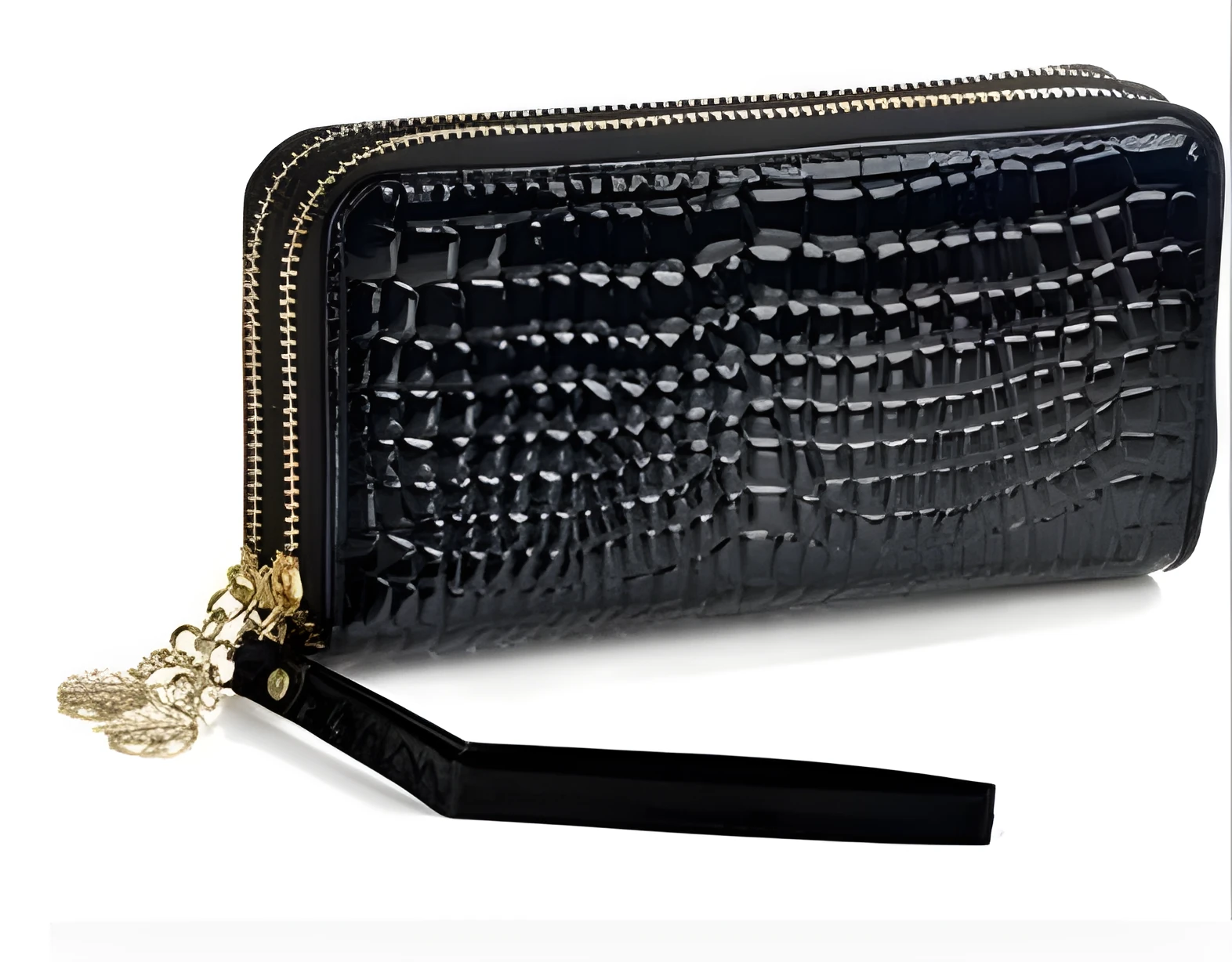 Black leather long bifold wallet on neutral background showing front with snap closure and card slots