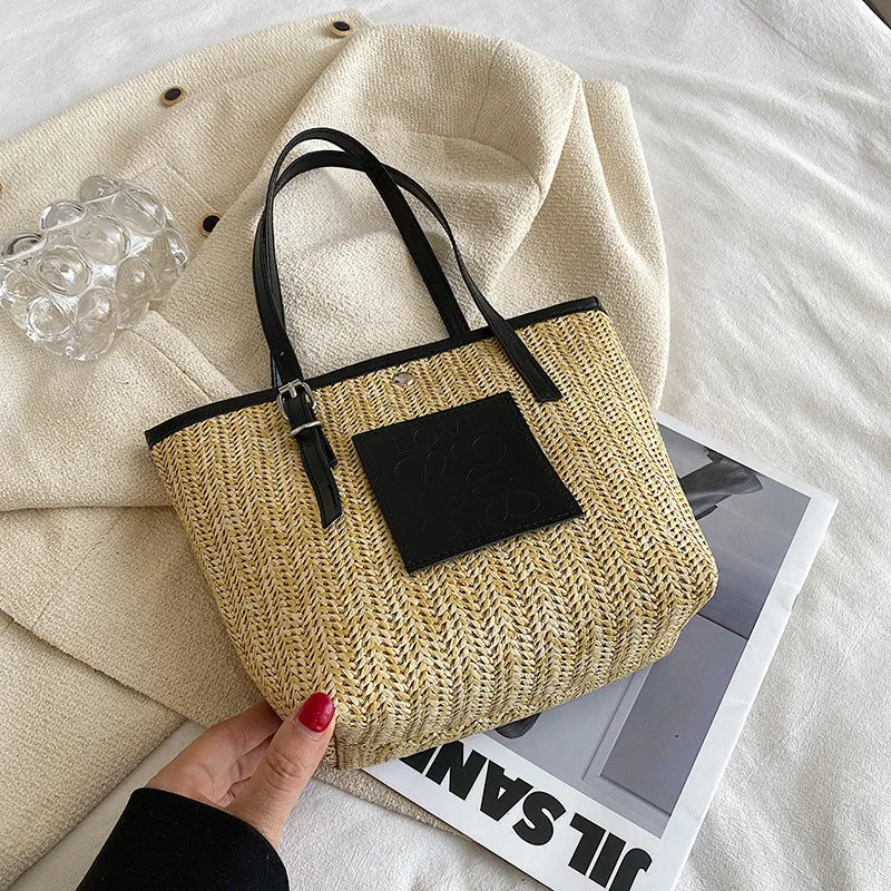 Straw woven women's shoulder bag with horizontal square shape and three-dimensional pocket