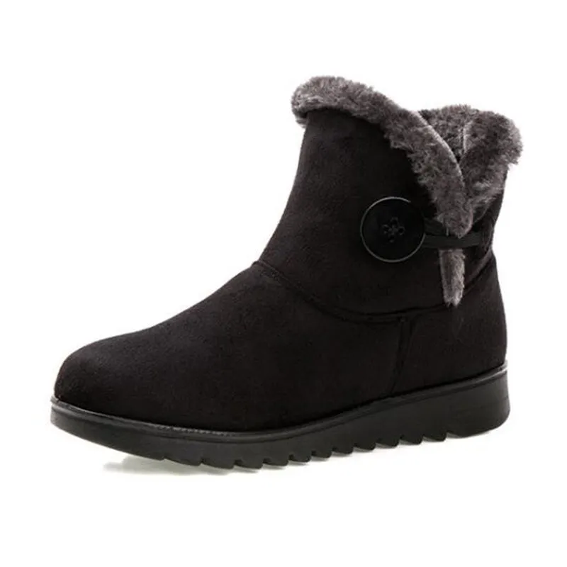 Women's winter flock ankle snow boots with button closure, rubber sole, and low platform in solid colour