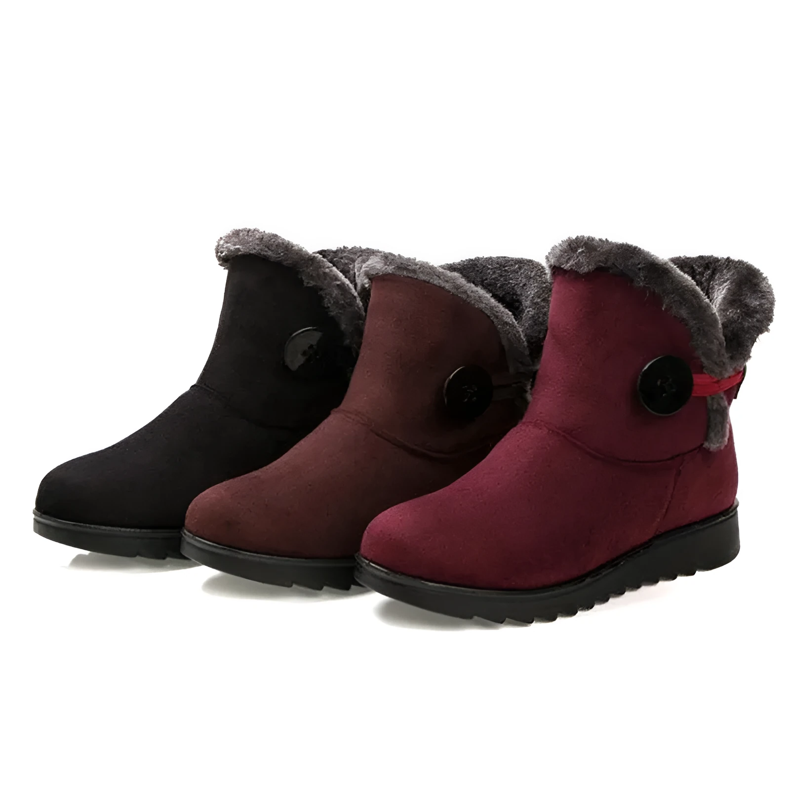 Women's winter flock ankle snow boots with button closure, rubber sole, and low platform in solid colour