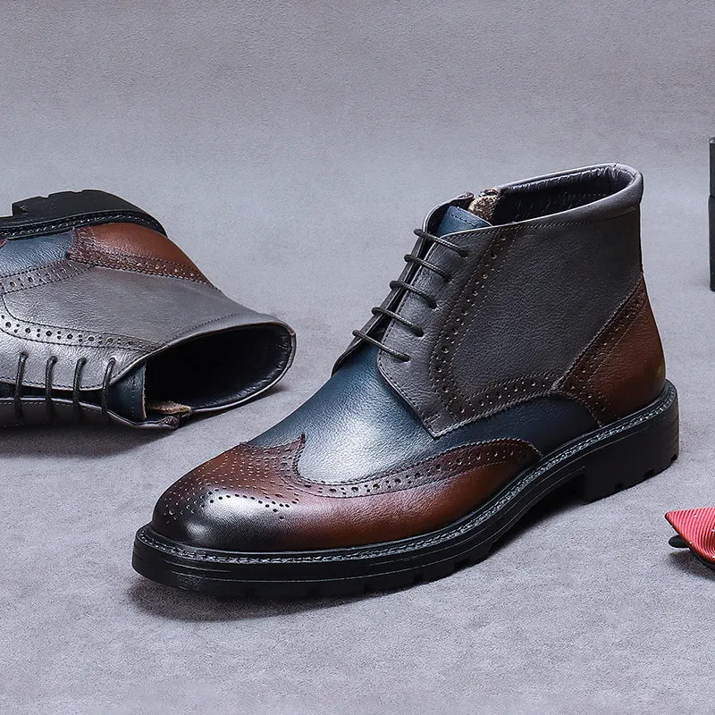 Men's curry blue leather brogue boots with colour blocking and carved stitching details on a low square heel.