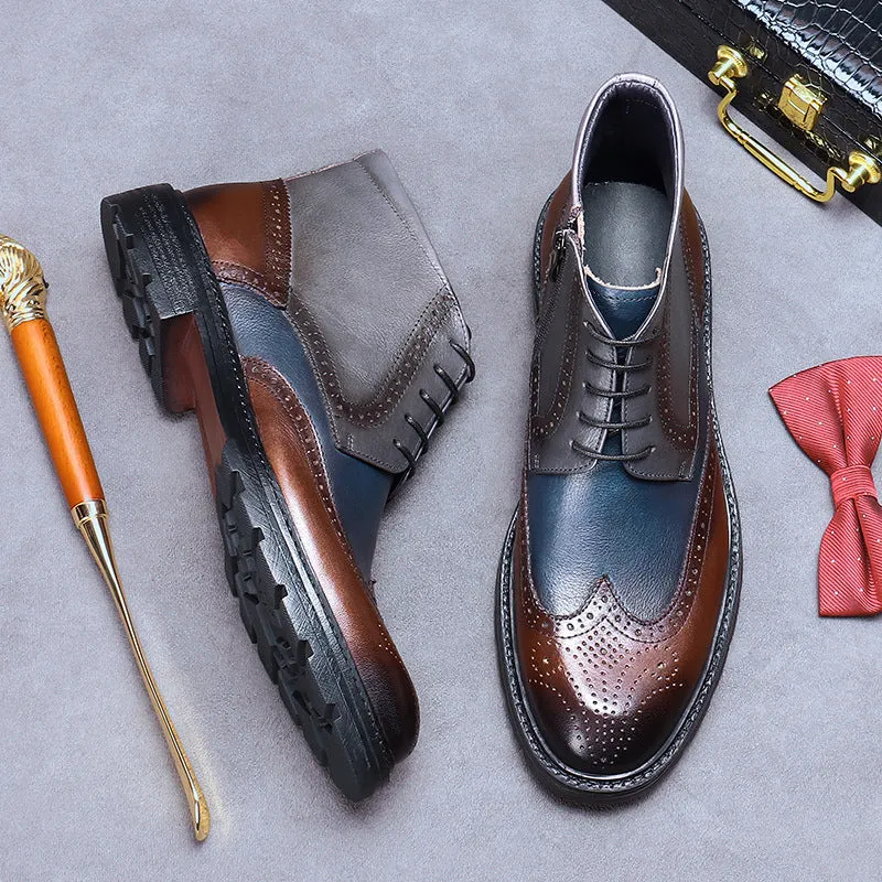 Men's curry blue leather brogue boots with colour blocking and carved stitching details on a low square heel.
