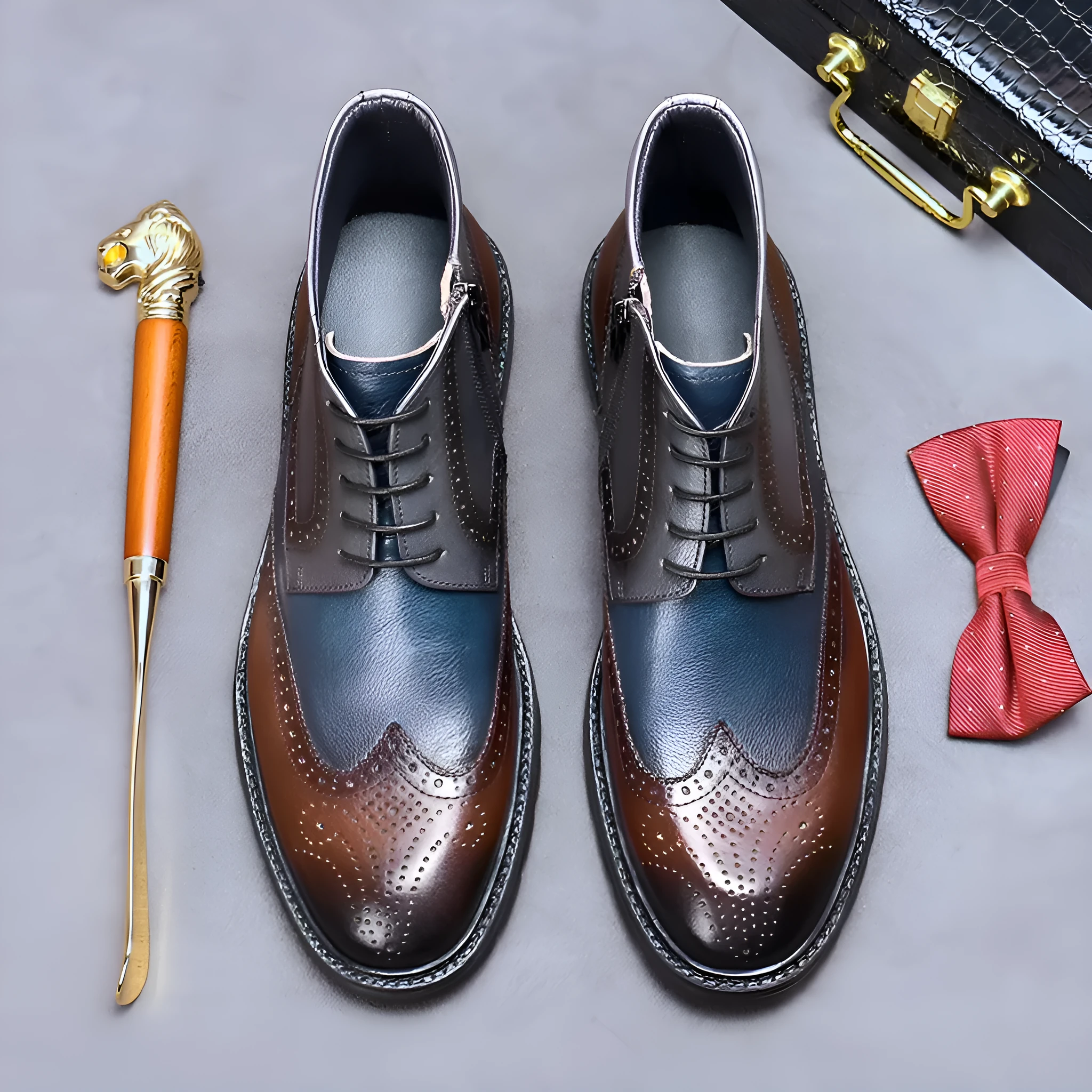 Men's curry blue leather brogue boots with colour blocking and carved stitching details on a low square heel.