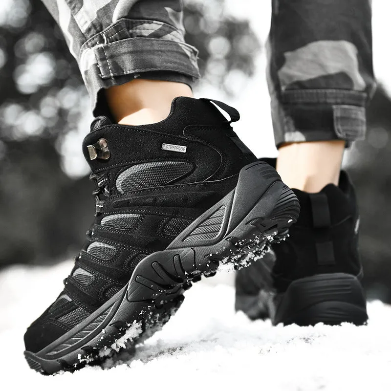 Outdoor high-top hiking boots for men, polyester fabric, black colour, side view