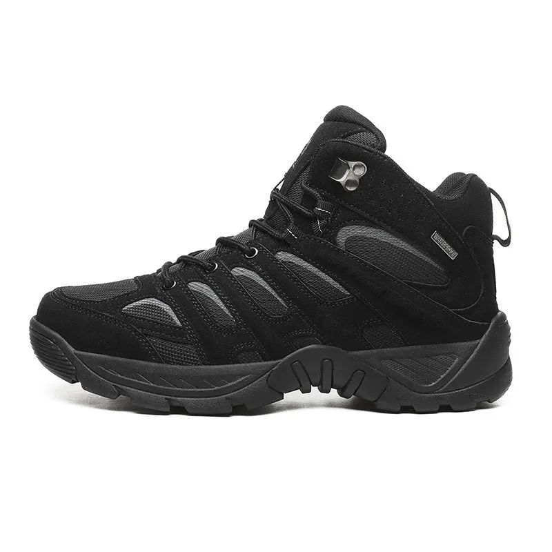Outdoor high-top hiking boots for men, polyester fabric, black colour, side view