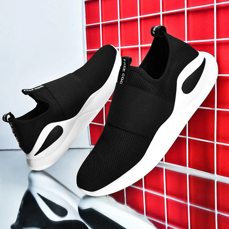 Men's sports casual shoes with breathable mesh upper, rubber sole, round toe, available in red, blue, black
