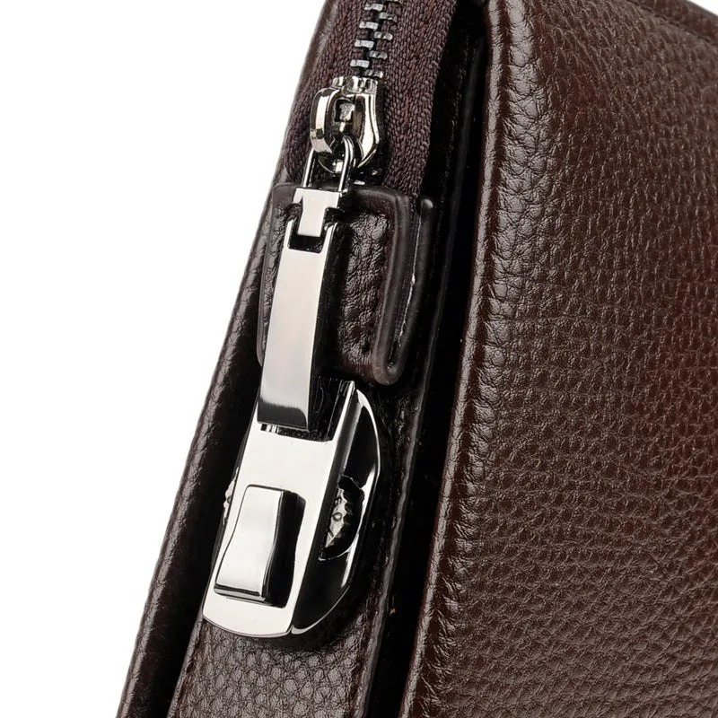 Men's business casual clutch made of soft PU leather, black, with visible sewing line detail and anti-theft design