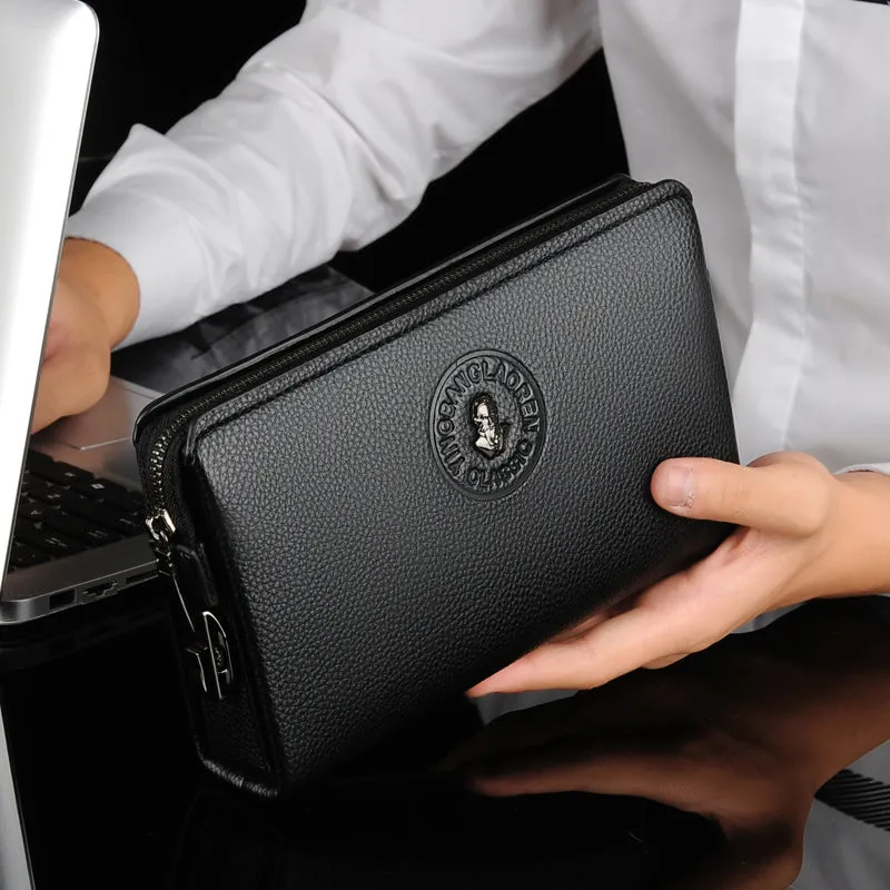 Men's business casual clutch made of soft PU leather, black, with visible sewing line detail and anti-theft design