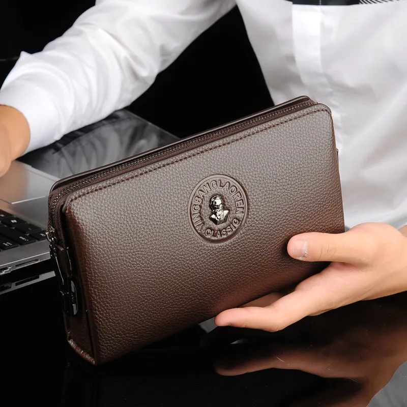 Men's business casual clutch made of soft PU leather, black, with visible sewing line detail and anti-theft design